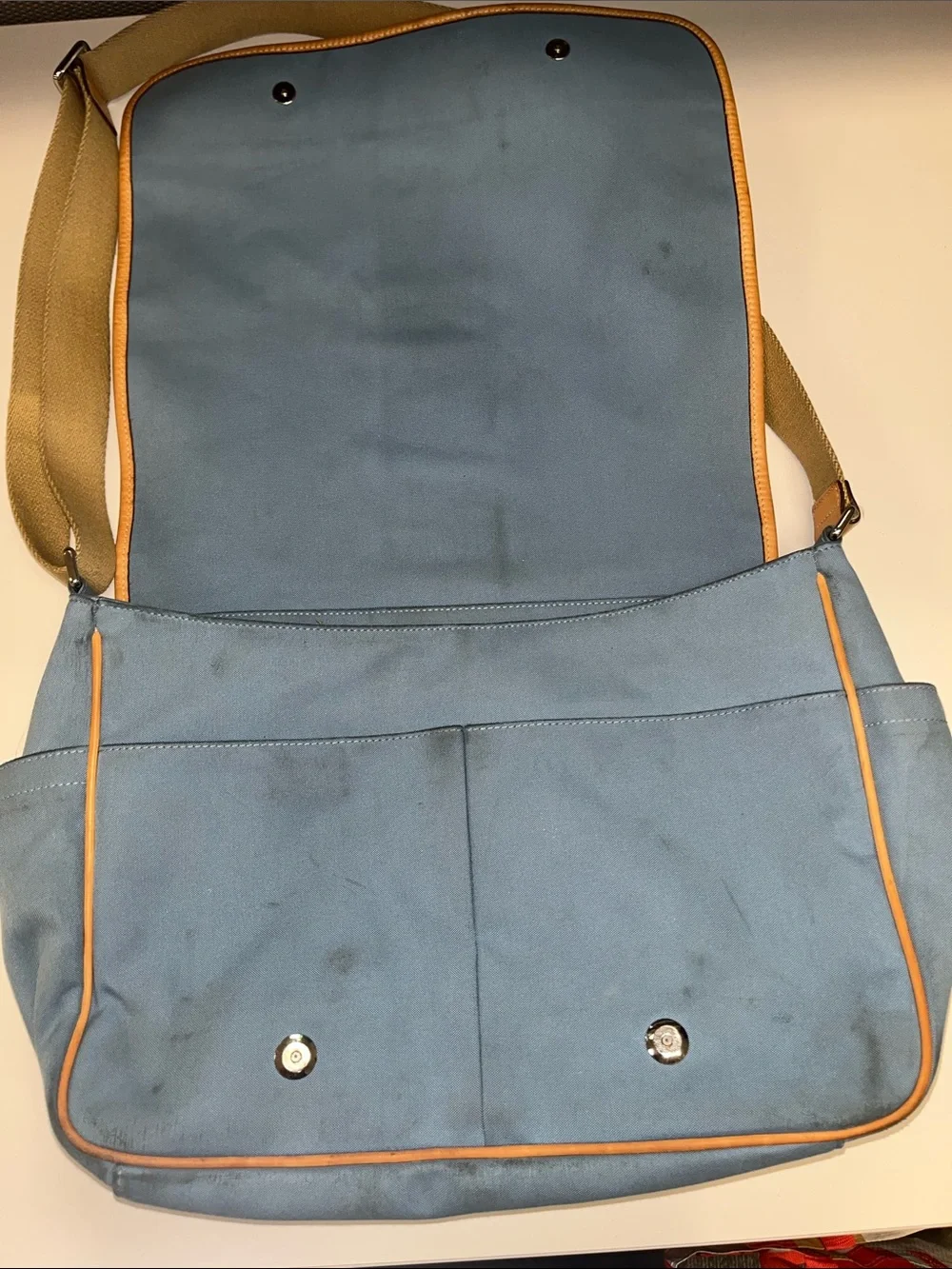 Coach Blue Canvas Messenger / Travel /Laptop with Tan Leather Trim